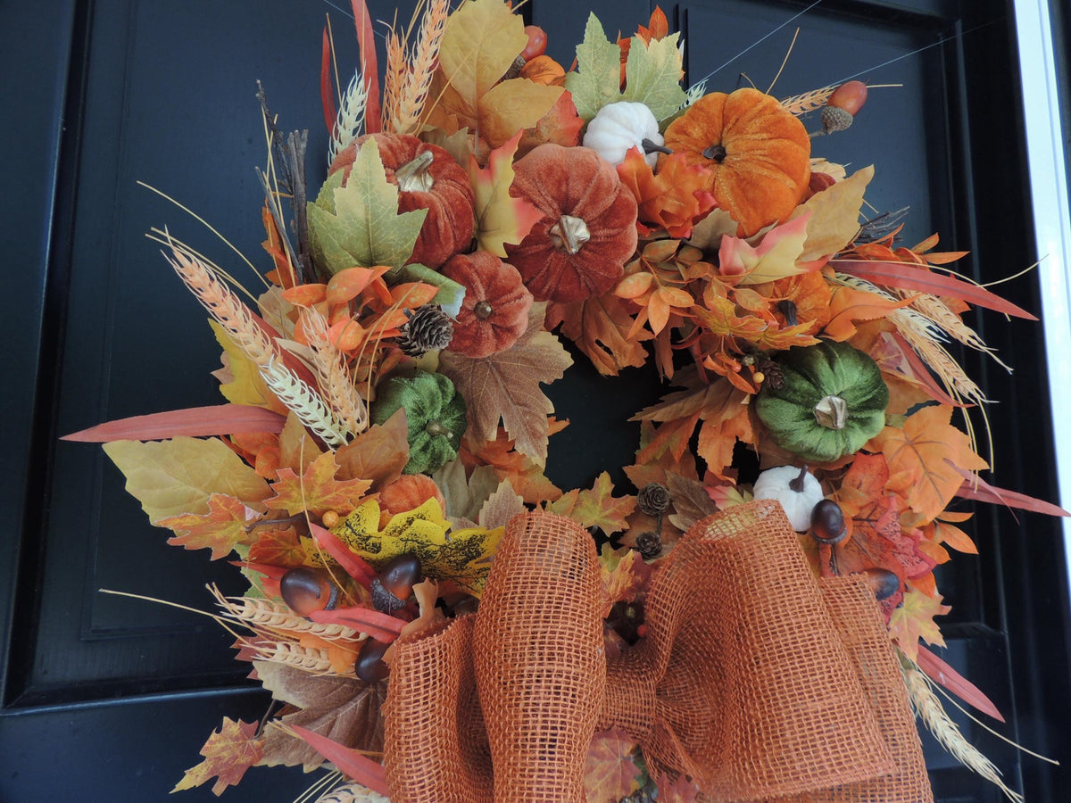 Large Velvet Pumpkin Autumn Wreath, Rustic Harvest Front Door Decor, Burnt Orange Fall Decoration, Thanksgiving Decorating