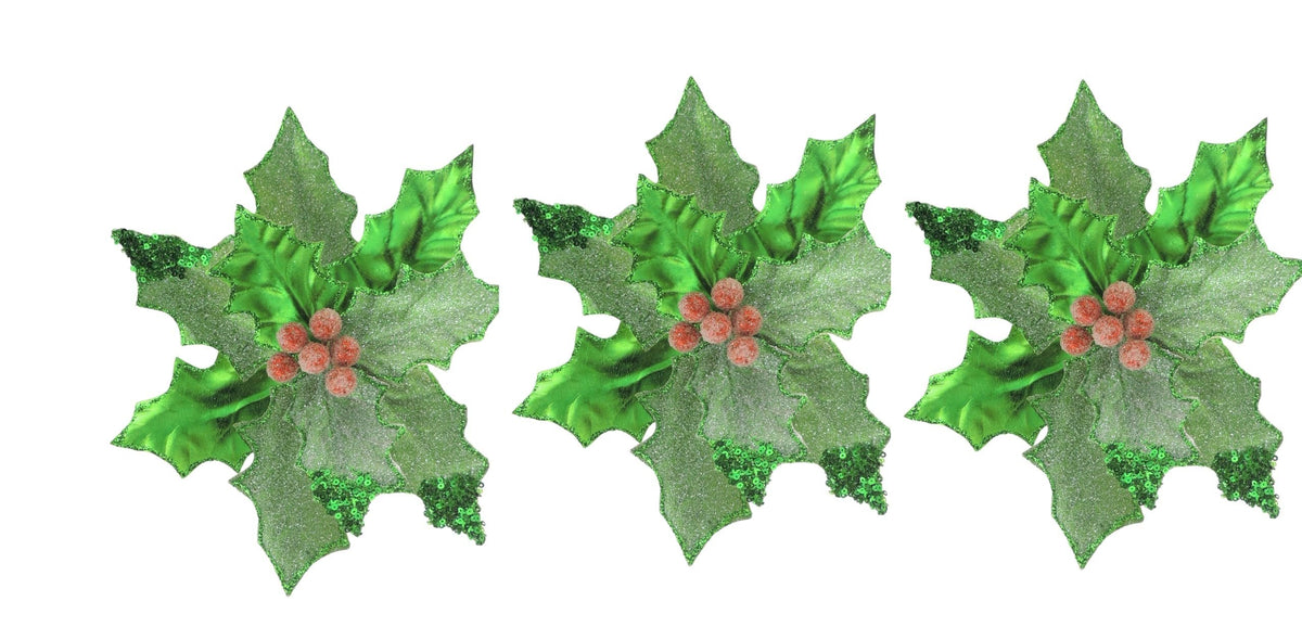 Set of 3 Metallic Green Red Glitter Sequin Clip Poinsettia Flower Christmas Tree Floral Pick Ornament Xmas Decor Garland Wreath Home Decoration