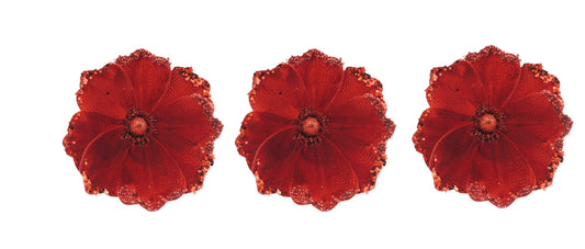 Glamour Girlz Set of 3 Red Velvet Sequin Flower Christmas Tree Floral Magnolia Flower Pick Stem Ornament Xmas Decor Garland Wreath Decoration Accent Holiday Arrangement