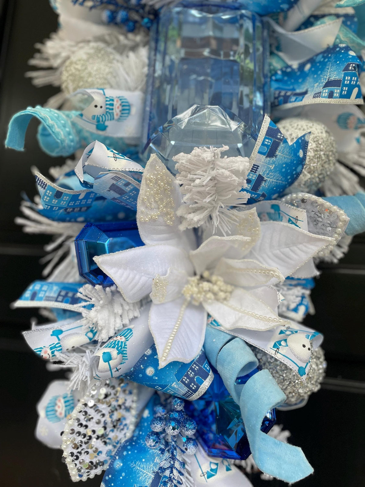 XL Ice Blue Snow Flocked  Luxury Teardrop Christmas Front Door Wreath White Home Decoration Xmas Winter Mantle Decor Holiday Advent Swag