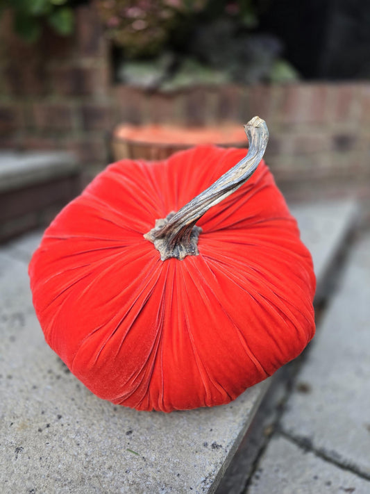 Orange Silk Velvet X-LARGE Pumpkin Gourd Ornament Thanksgiving Shelf Accent Fall Autumn Decor Plush Cozy Tablescape Glam Mantle Centerpiece