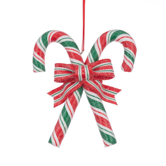 Candy Cane Christmas Tree Ornament - Red & Green Spiral Striped Hanging Decoration Bauble Xmas Decor Gift Topper Peppermint Theme Glitter Bow