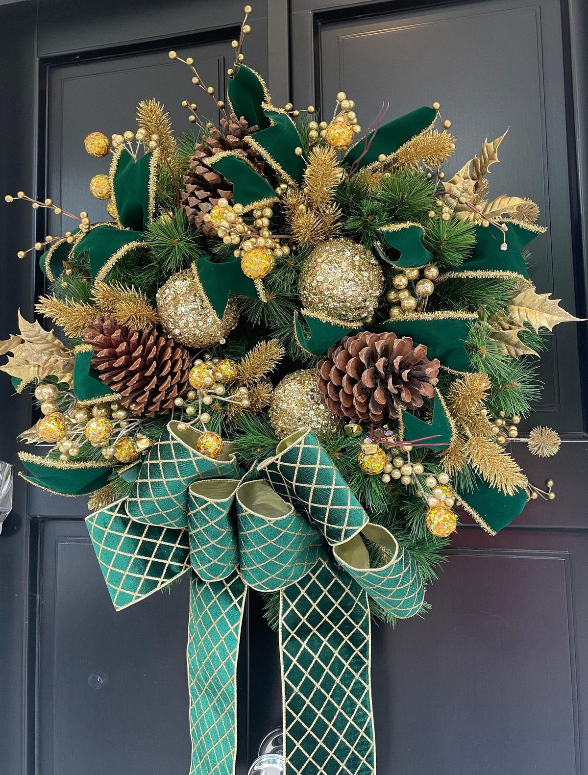 Luxury Emerald Green & Gold Christmas Wreath | Designer Velvet Bow Front Door Wreath | 60cm (24")