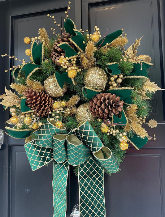Luxury Emerald Green & Gold Christmas Wreath | Designer Velvet Bow Front Door Wreath | 60cm (24")