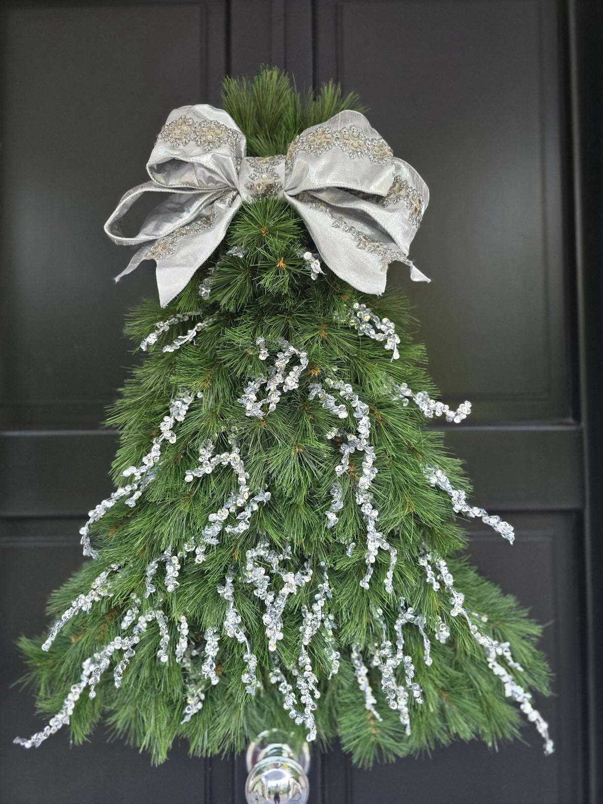 Luxury Christmas Tree Door Swag | Silver Green Christmas Tree Wall Hanging | Designer Front Door Decor | 50cm (20")