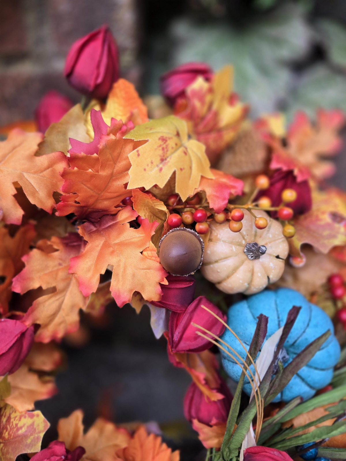 Teal Pumpkin Autumn Wreath | Colourful Harvest Grapevine Front Door Wreath | 40cm (16")