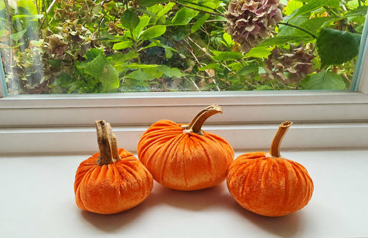 Orange Crushed Marble Velvet Pumpkin Set of 3, Autumn Fall Decorations, Thanksgiving Table Centrepiece