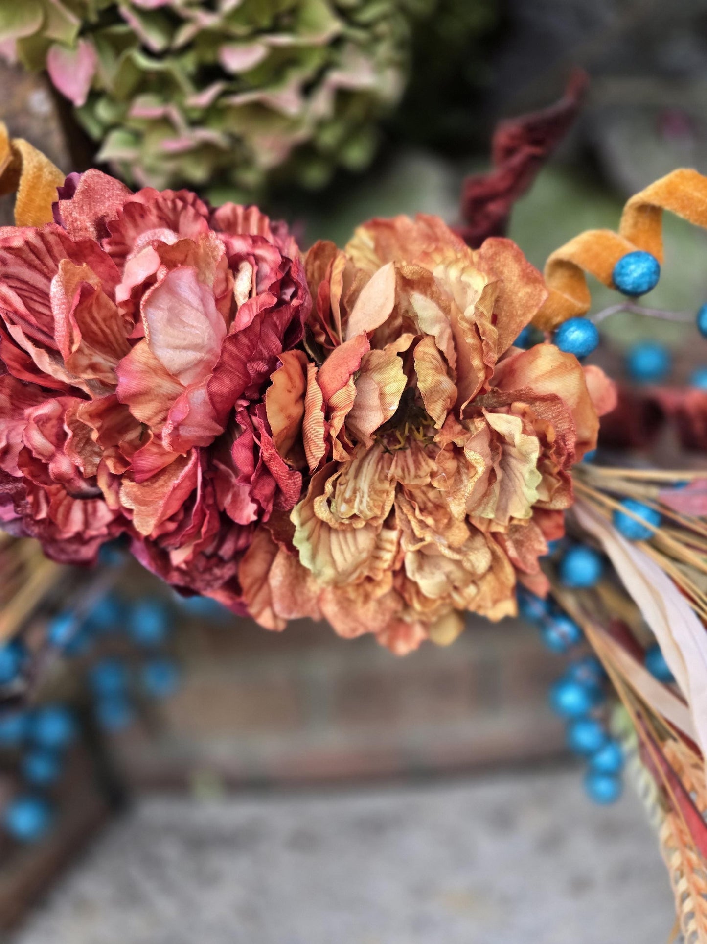Orange Teal Autumn Fall Orange Harvest Front Door Wreath Luxury Rustic Wall Porch Hanger House Home Decor Decorations Thanksgiving Glam Boho