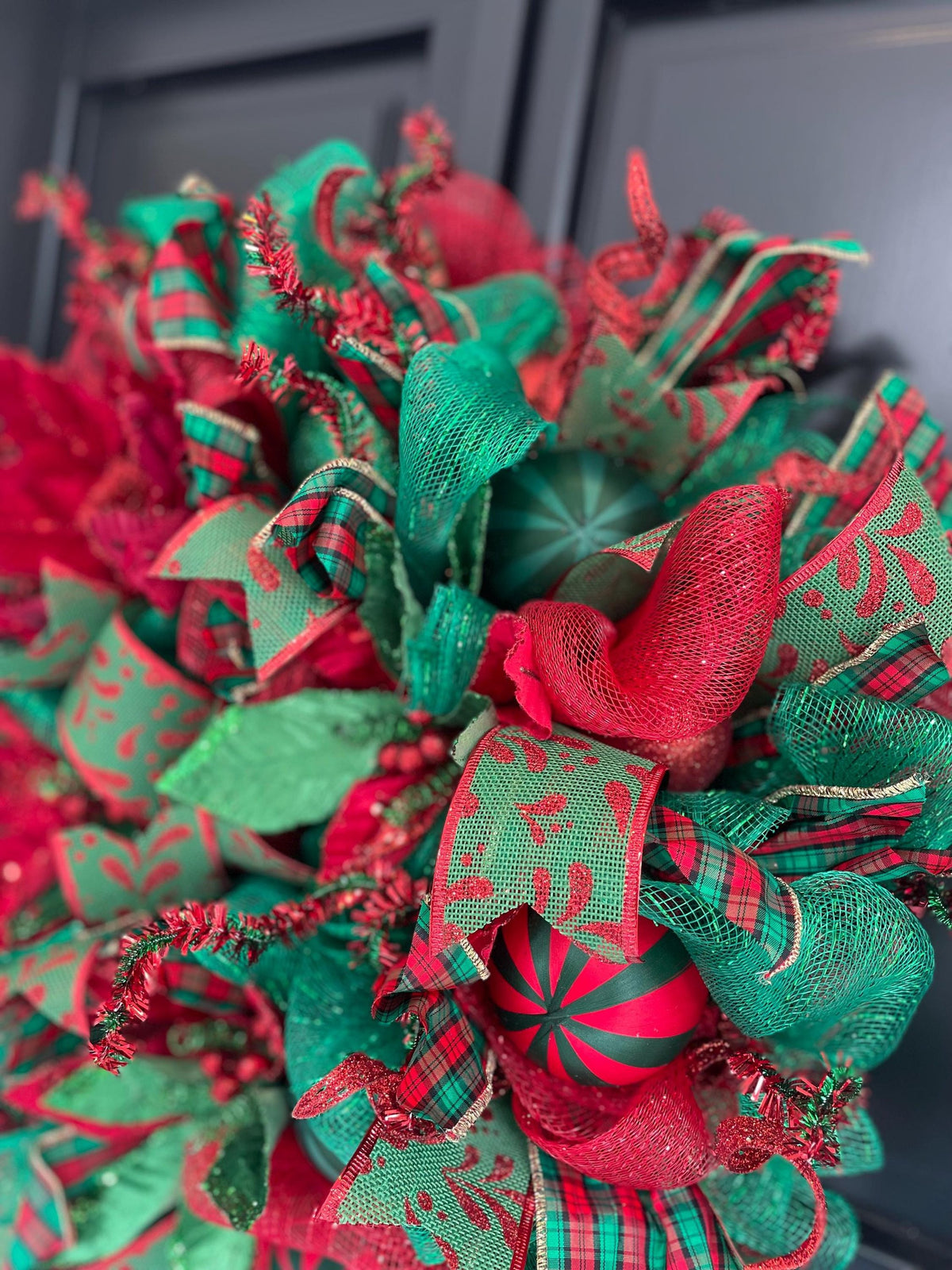 Traditional Red and Green Christmas Wreath Front Door,Classic Holiday Door Decor,Festive Handmade Winter Wreath,Velvet Poinsettia Wreath