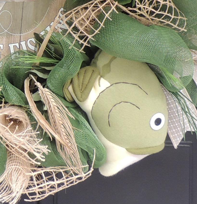 27" Oversized XL Green Fishing Wreath,Cabin Front Door Swag,Rustic Country Home Decor,Lake House Decoration,Natural House Warming gift