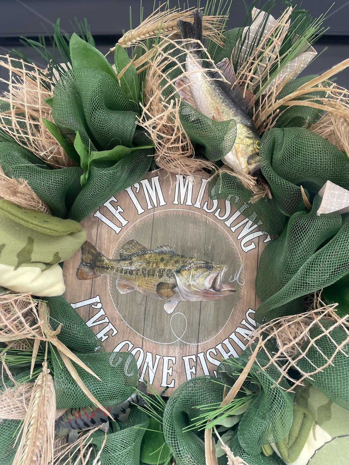 27" Oversized XL Green Fishing Wreath,Cabin Front Door Swag,Rustic Country Home Decor,Lake House Decoration,Natural House Warming gift