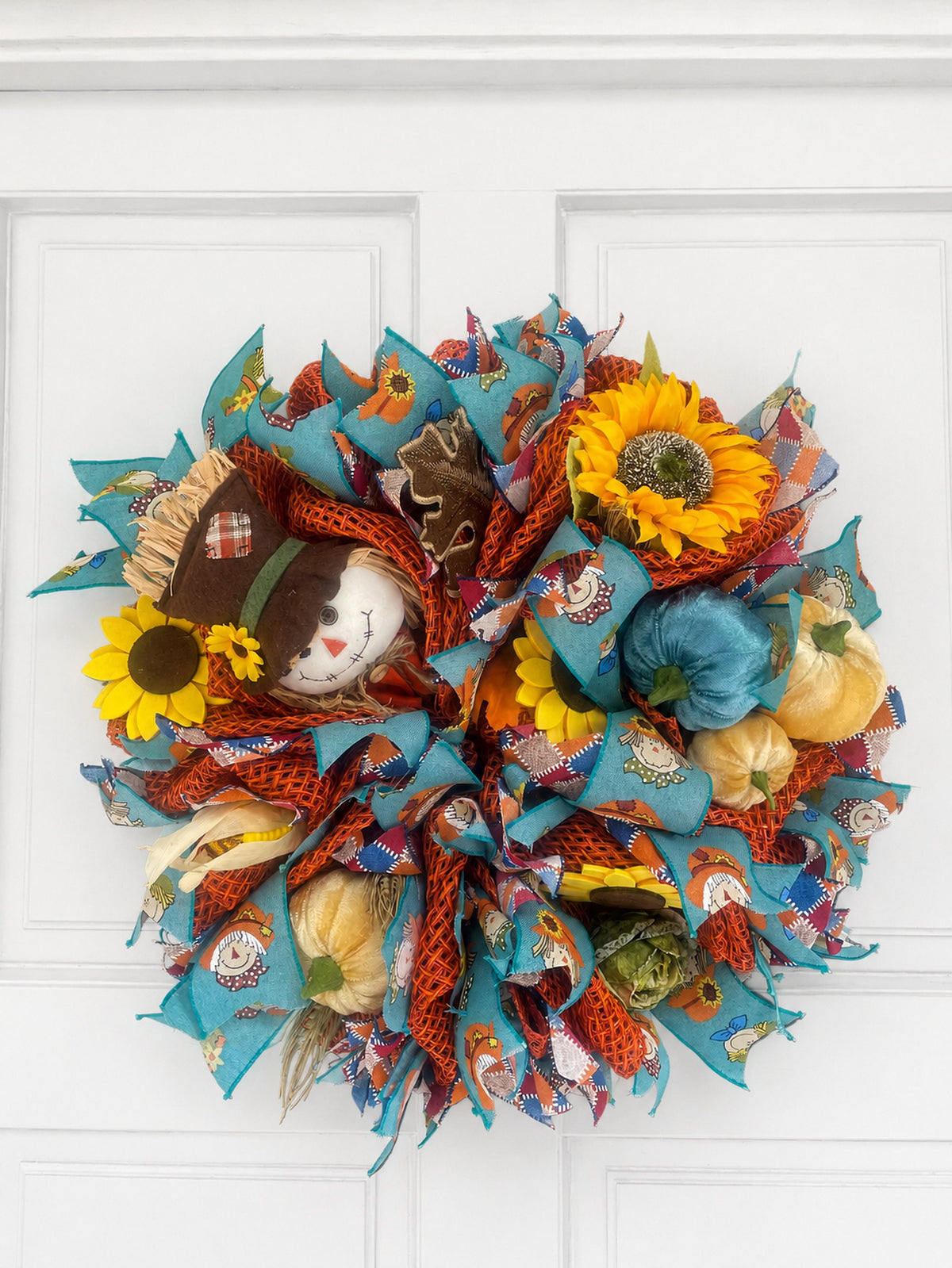 Scarecrow Rustic Fall Wreath Front Door,Pumpkin Handmade Harvest Door Decor,Country Autumn Wreath, Seasonal Decoration Teal Yellow Orange