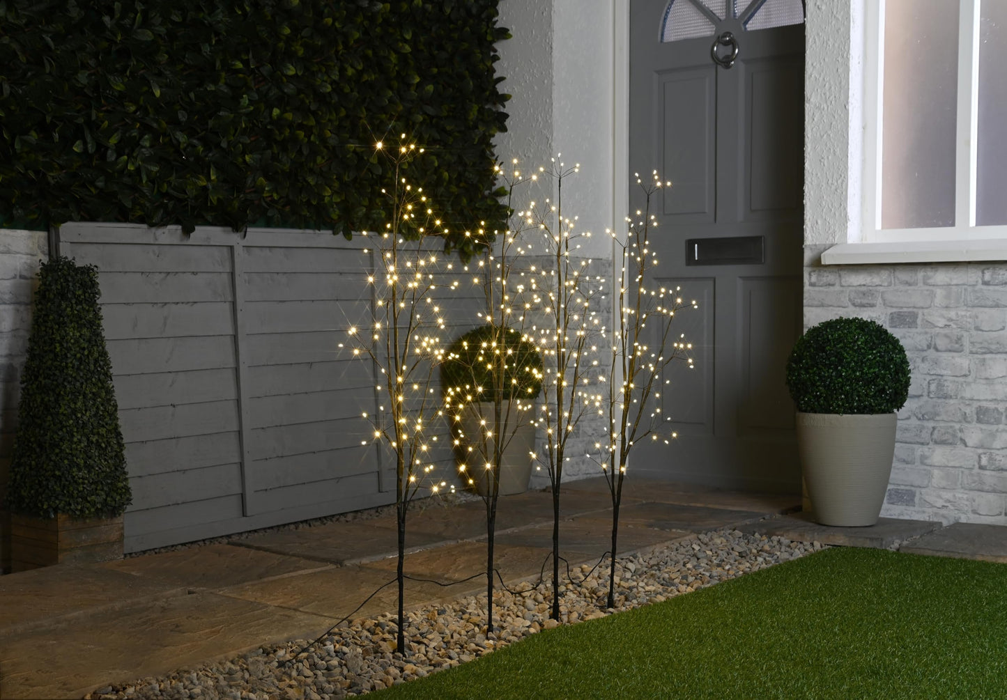 Set 4 Tall Lit Twig Tree Path Finders Warm White LEDs Outdoor Garden Christmas Fairy Lights