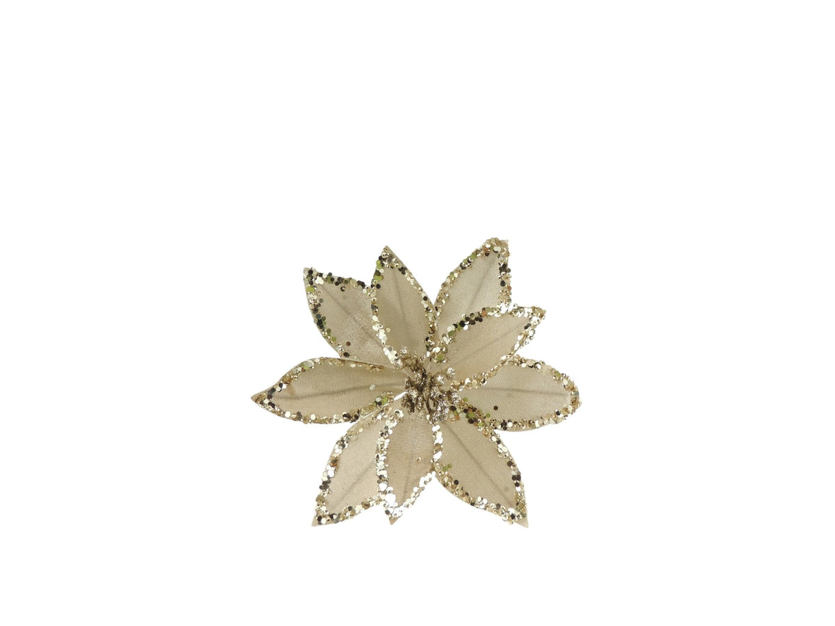 Set of 3 Nude Velvet Sequin Gold Poinsettia Flower Clip Christmas Tree Floral Pick Ornament Xmas Decor Garland Wreath Decoration