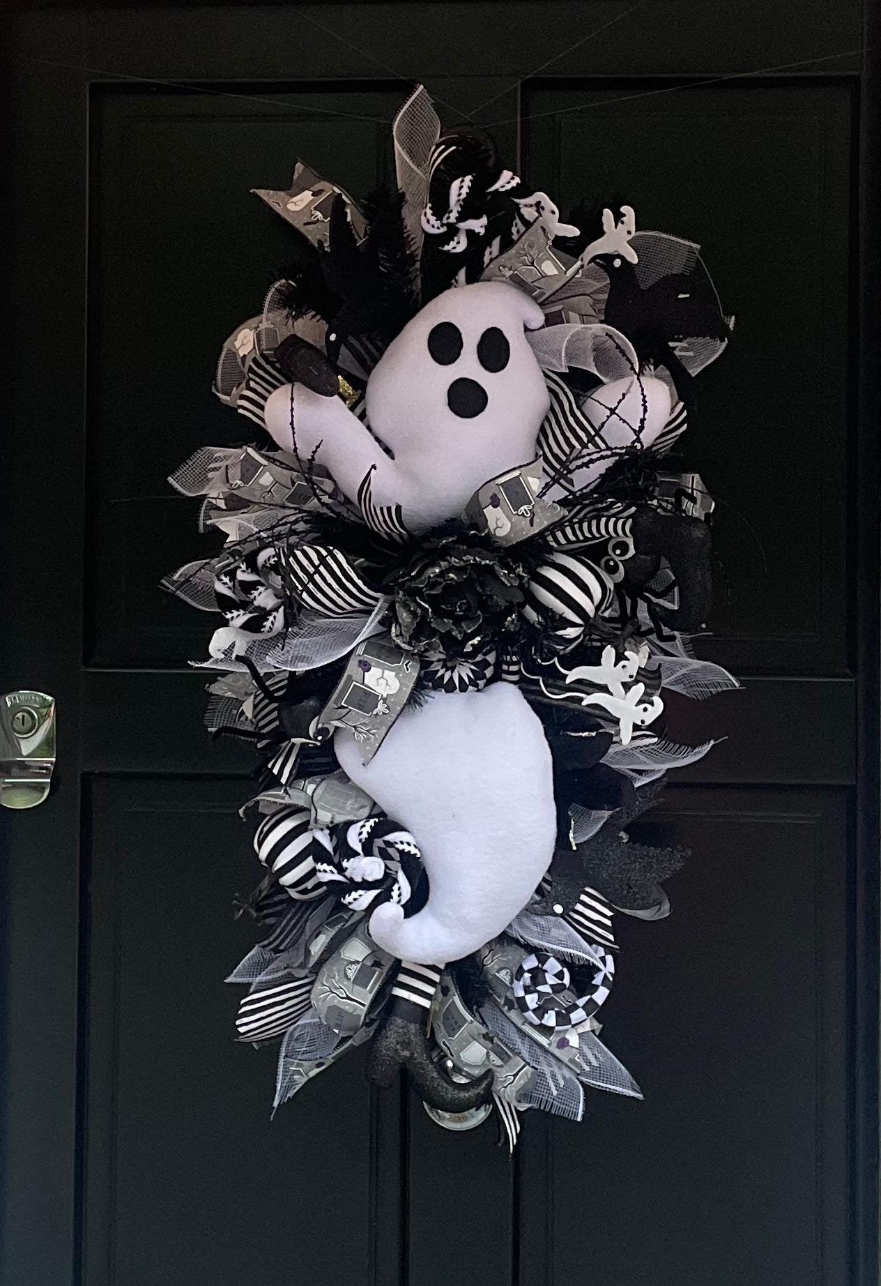 XL Ghost Fall Halloween Front Door Wreath Luxury Teardrop Rustic Wall Porch Hanger House Home Decor Decorations Spooky Ghoul Glam Boho