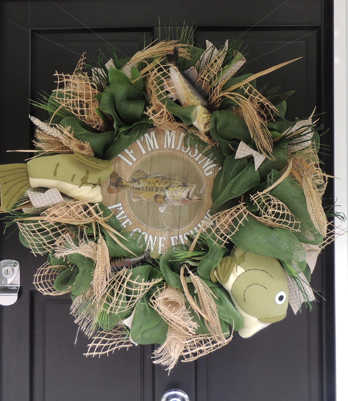 27" Oversized XL Green Fishing Wreath,Cabin Front Door Swag,Rustic Country Home Decor,Lake House Decoration,Natural House Warming gift