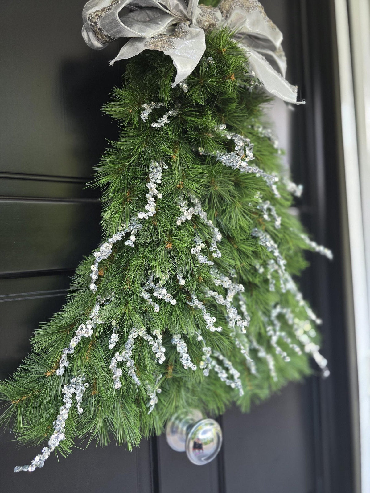 Luxury Christmas Tree Door Swag | Silver Green Christmas Tree Wall Hanging | Designer Front Door Decor | 50cm (20")