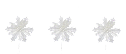 Set of 3 Sparkly Glitter White Poinsettia Flower Christmas Tree Floral Pick Ornament Xmas Decor Garland Wreath Decoration