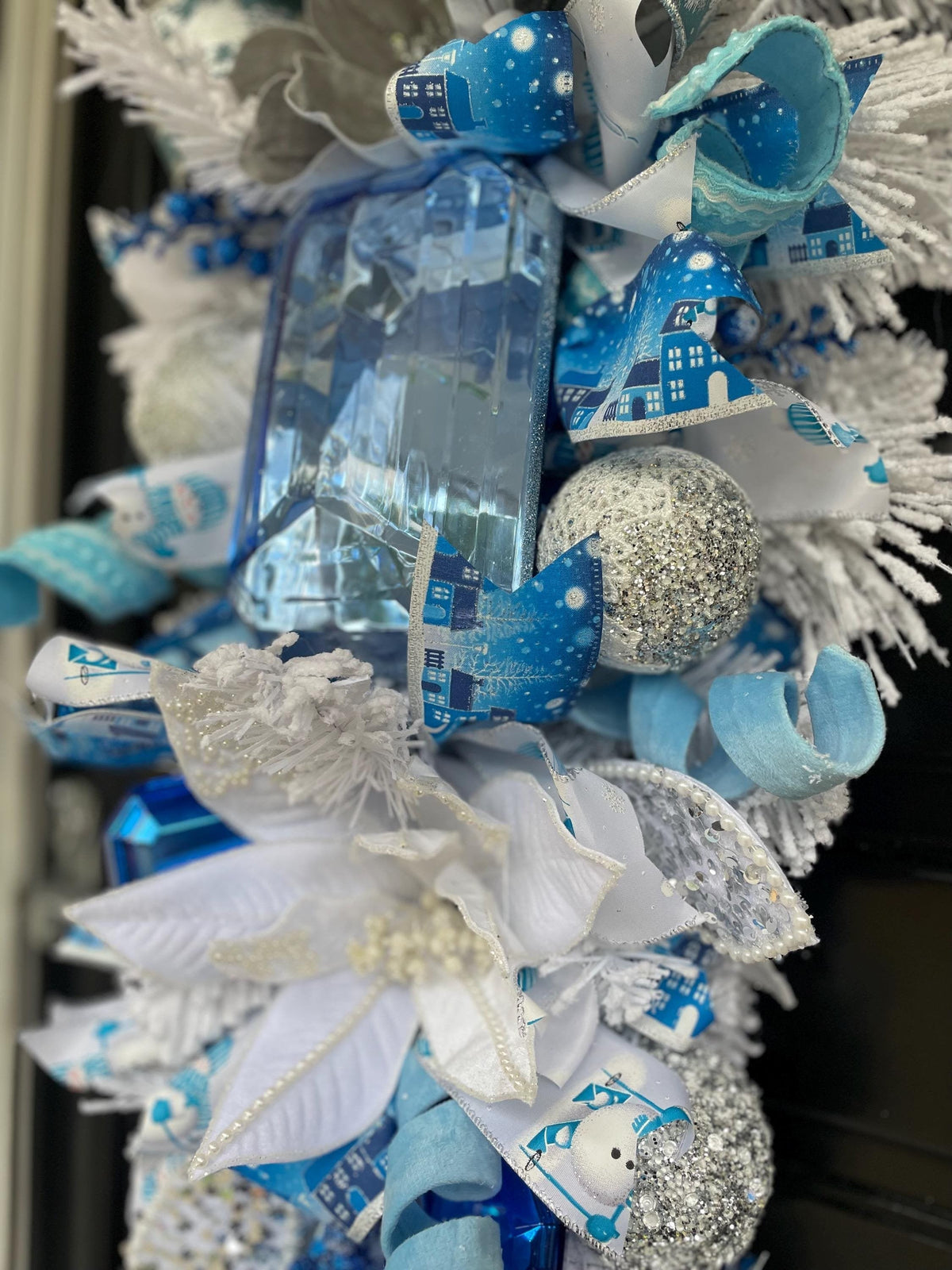 XL Ice Blue Snow Flocked  Luxury Teardrop Christmas Front Door Wreath White Home Decoration Xmas Winter Mantle Decor Holiday Advent Swag