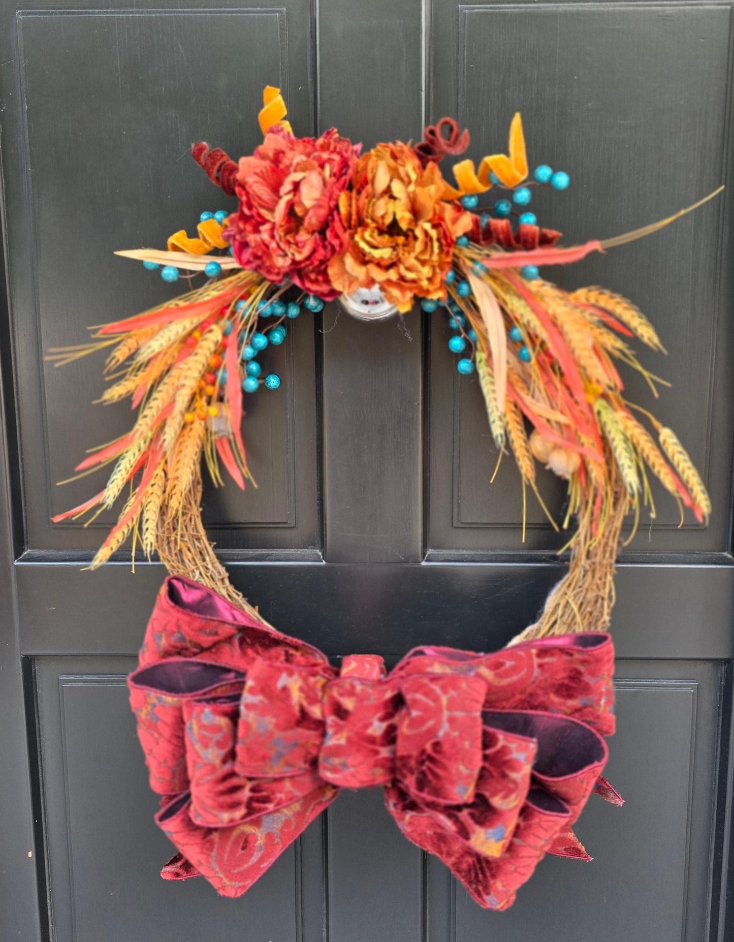 Orange Teal Autumn Fall Orange Harvest Front Door Wreath Luxury Rustic Wall Porch Hanger House Home Decor Decorations Thanksgiving Glam Boho