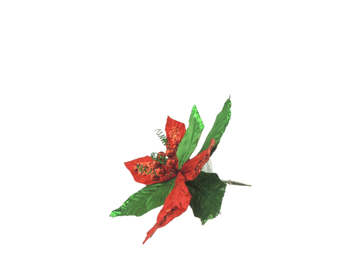 Set of 3 Red Green Velvet Sequin Clip Flower Christmas Tree Floral Pick Stem Ornament Xmas Decor Garland Wreath Decoration Accent Holiday Arrangement