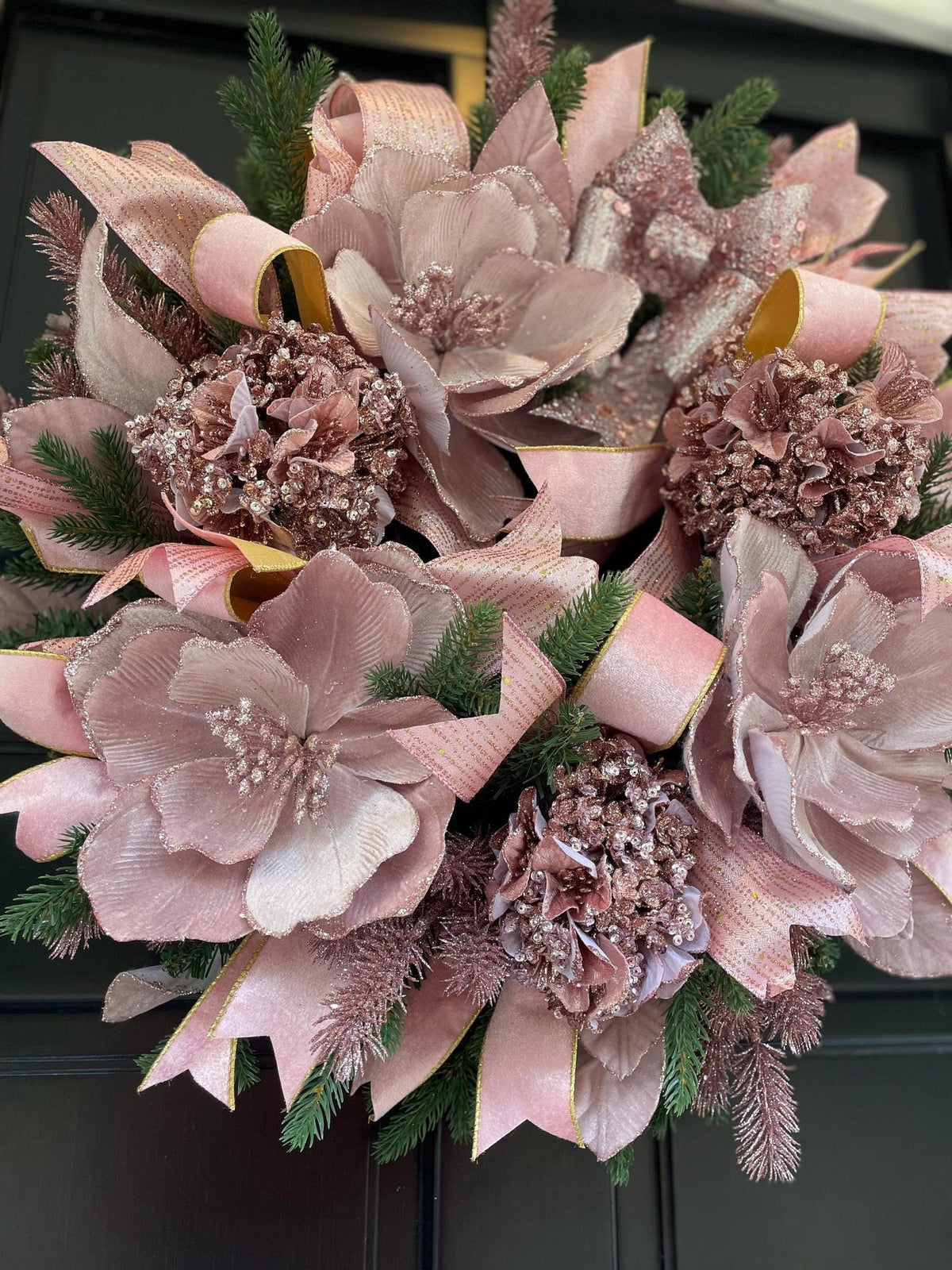 Luxury Blush Pink Christmas Wreath | Elegant Velvet Magnolia Front Door Wreath | 60cm (24")
