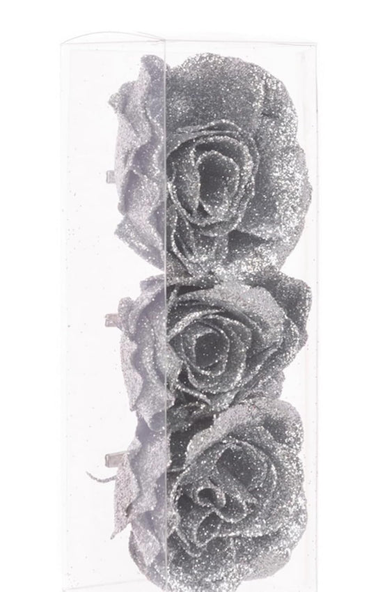 Set of 3 Sparkly Glitter Silver Rose Flower Clip Christmas Tree Floral Pick Ornament Xmas Decor Garland Wreath Decoration