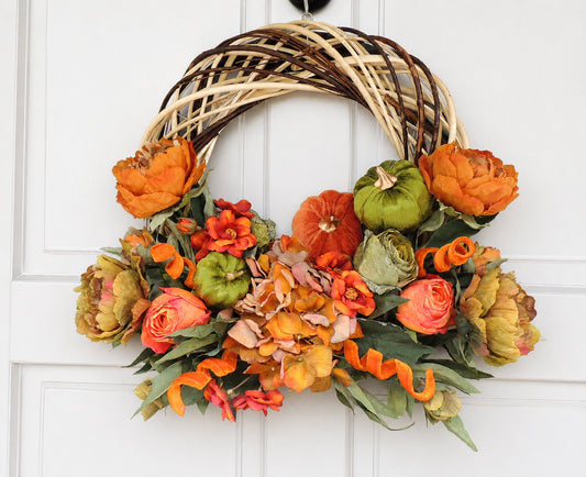Orange Autumn Pumpkin Door Wreath, Green Fall Swag, Luxury Autumn Front Door Decor,Thanksgiving Wreath, Glam Fall Door Hanger,Harvest Wreath