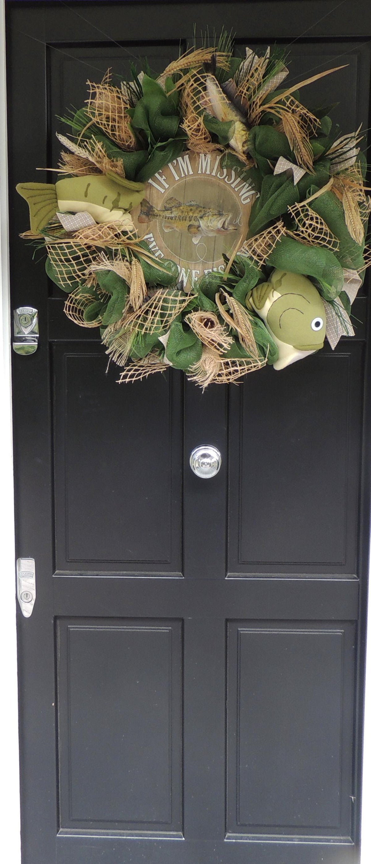 27" Oversized XL Green Fishing Wreath,Cabin Front Door Swag,Rustic Country Home Decor,Lake House Decoration,Natural House Warming gift