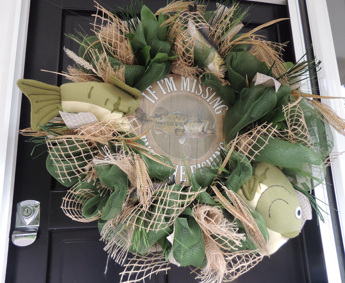 27" Oversized XL Green Fishing Wreath,Cabin Front Door Swag,Rustic Country Home Decor,Lake House Decoration,Natural House Warming gift