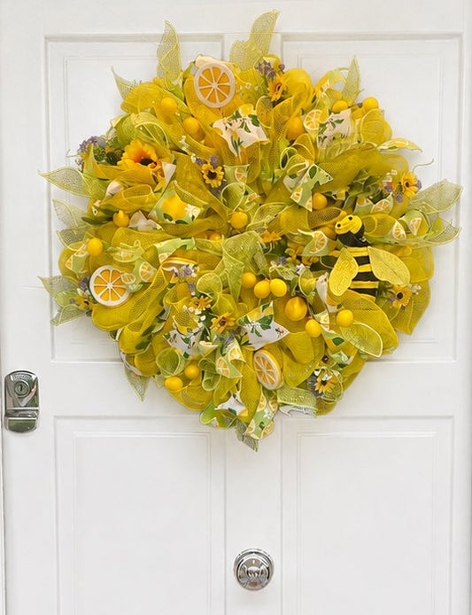 XL Honey Bee Wreath for Front Door, Bee Wreath, Farmhouse Wreath, Lemon Summer Door Wreath, Cottage Wreath, Garden Wreath, Handmade Wreath