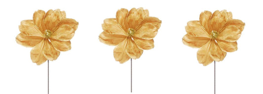 Glamour Girlz Set of 3 Gold Velvet Flower Christmas Tree Floral Pick Stem Ornament Xmas Decor Garland Wreath Decoration Accent Holiday Arrangement