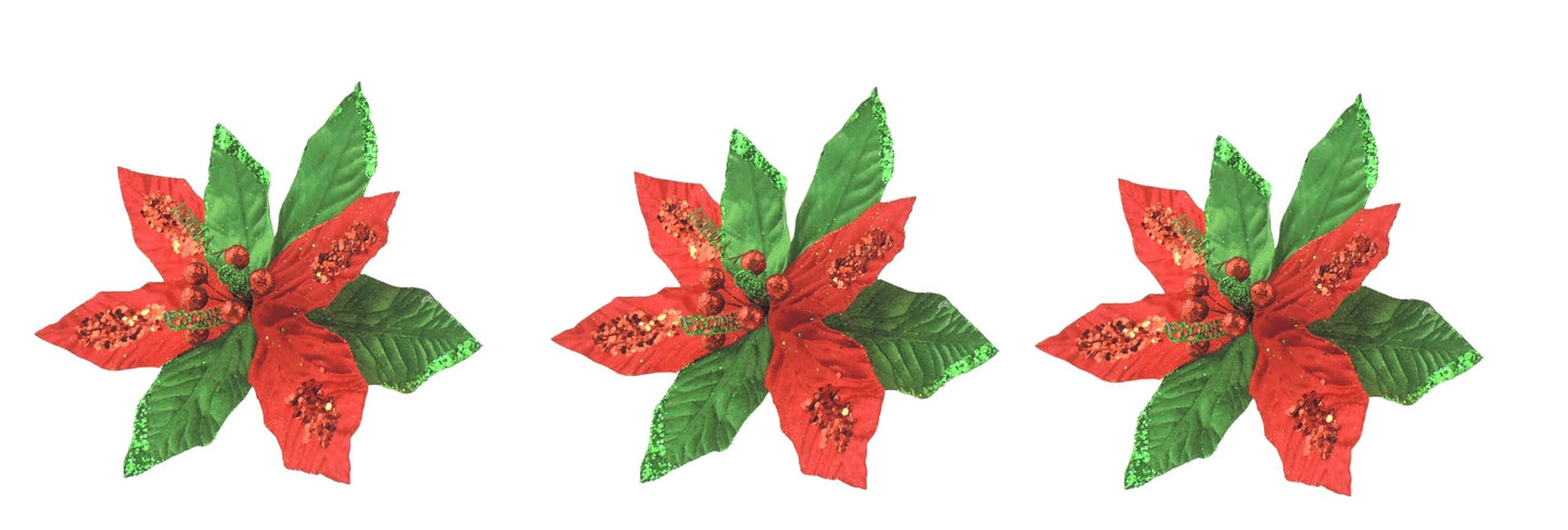 Set of 3 Red Green Velvet Sequin Clip Flower Christmas Tree Floral Pick Stem Ornament Xmas Decor Garland Wreath Decoration Accent Holiday Arrangement