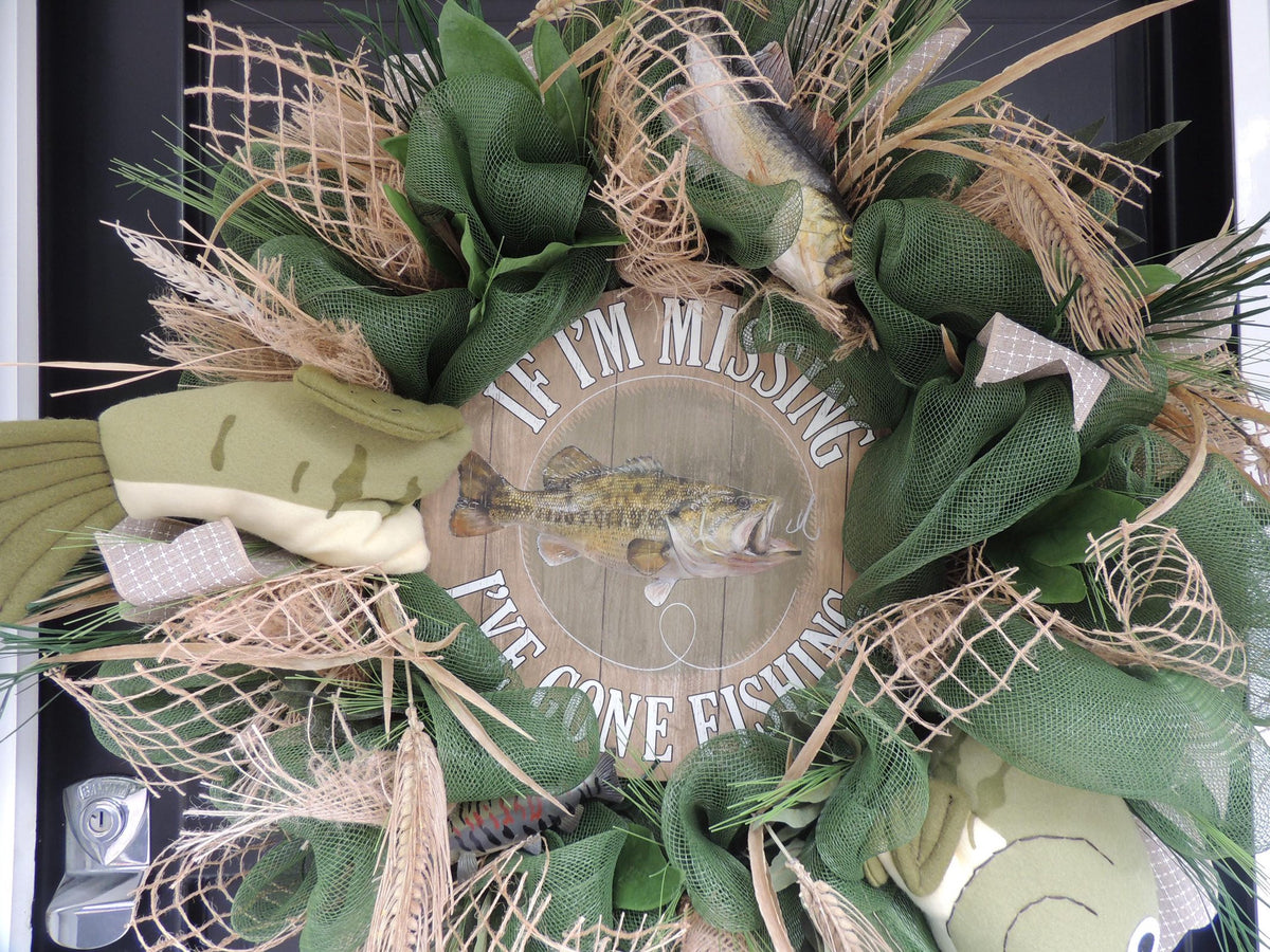 27" Oversized XL Green Fishing Wreath,Cabin Front Door Swag,Rustic Country Home Decor,Lake Beach House Decoration,Natural House Warming gift