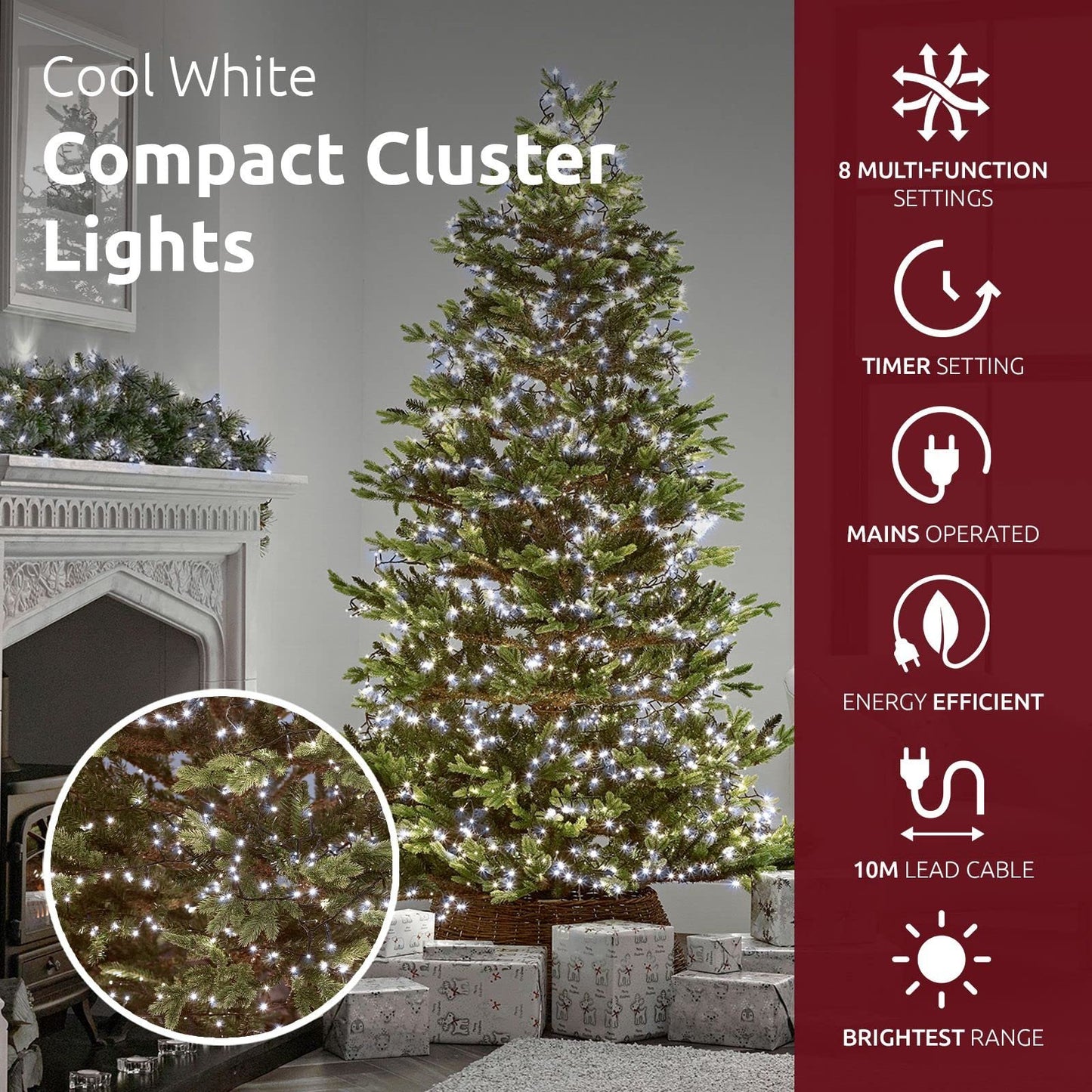 Compact Cluster Christmas Xmas ICE WHITE 2000 Fairy Tree String LED Lights